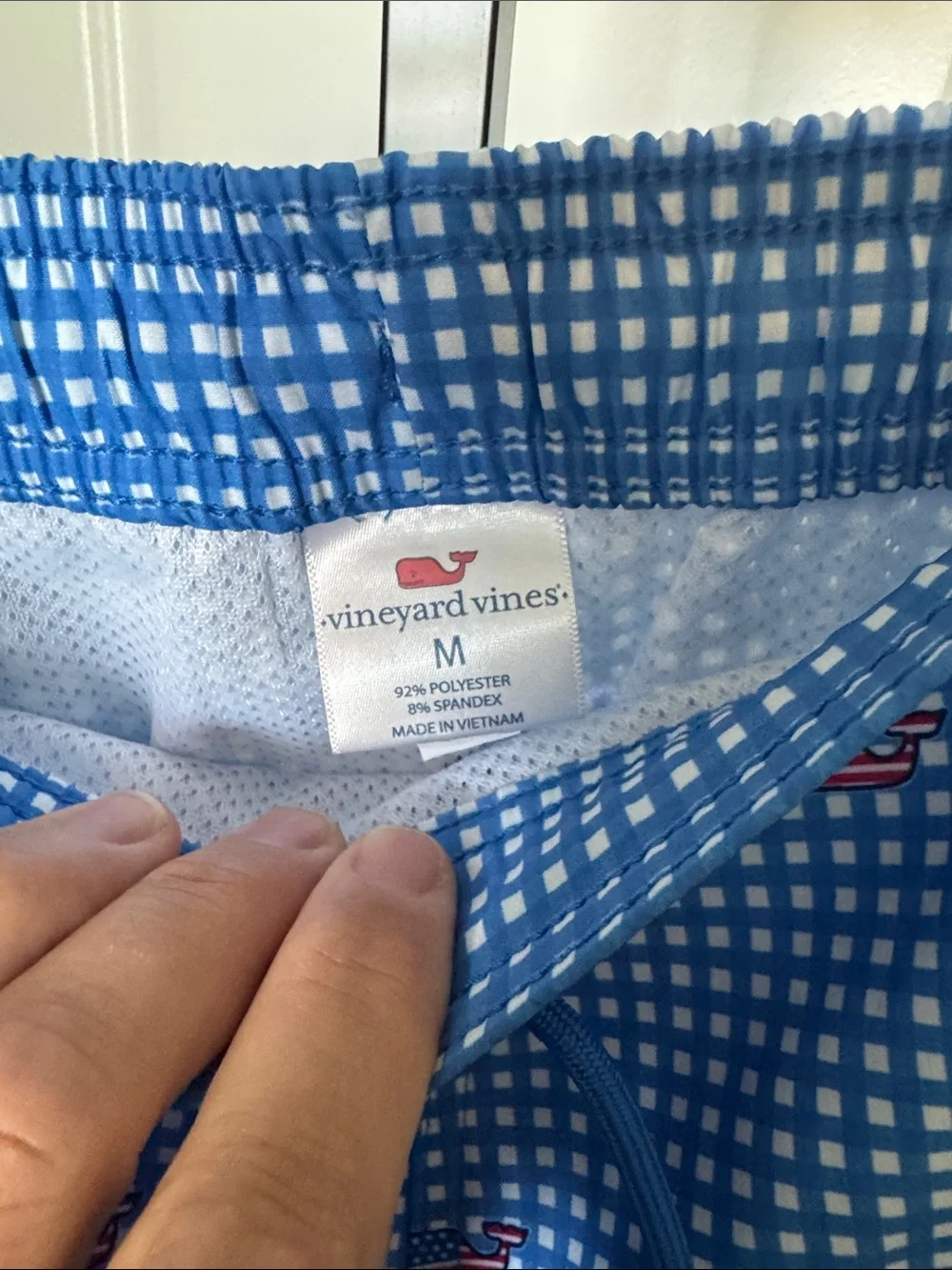 Vineyard Vines Blue Gingham Swim Trunks with Whale Motif